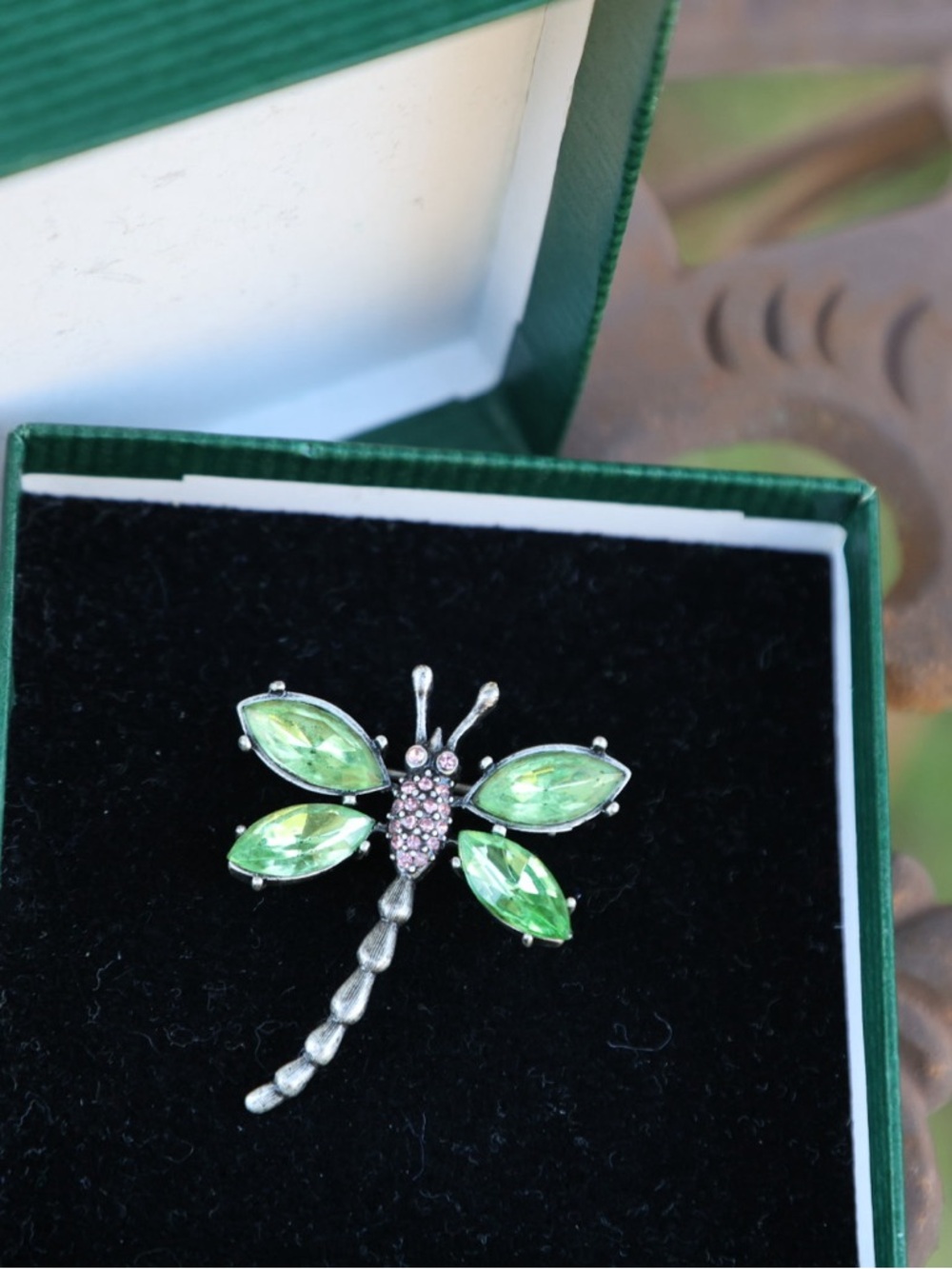 Silver Dragonfly Brooch with Light Green Crystals